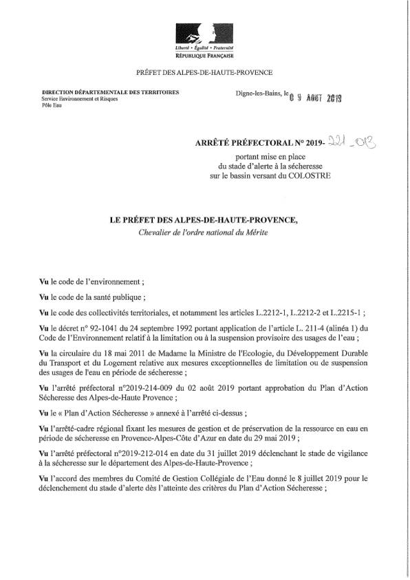 Arrêté préfectoral du 10/08/2019